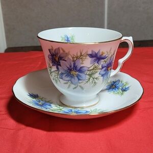 Blue Floral Gold Trim White Teacup and Saucer China Set